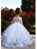 Beaded Neck White Lace Tulle Ruffle Horsehair Hem Flower Girl Dress